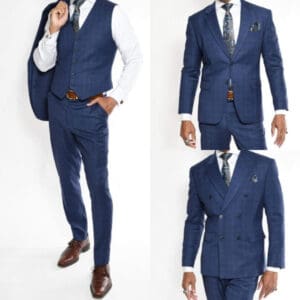 Men's blue suits and formal attire displayed.