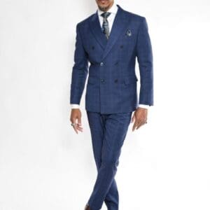 Man in blue suit posing confidently.